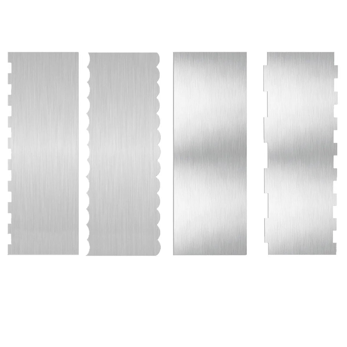 Stainless steel cream scraper cake decorating tool showing polygon patterns for textured cake finishes