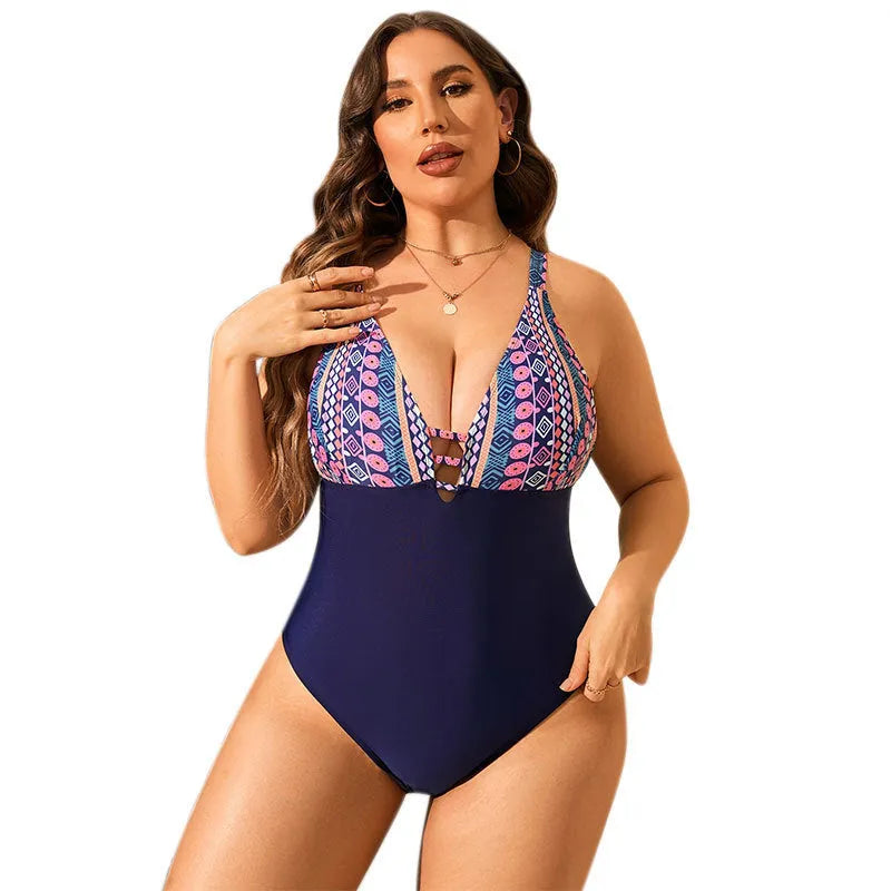 Leopard print plus size one-piece swimsuit for women with V-neck and belly cover.