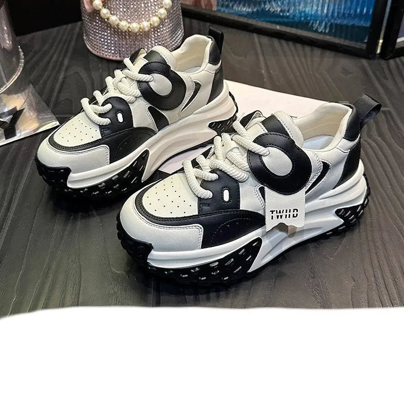 Leather sports casual shoes with thick wedge heel in multiple colour options showing front lace-up design