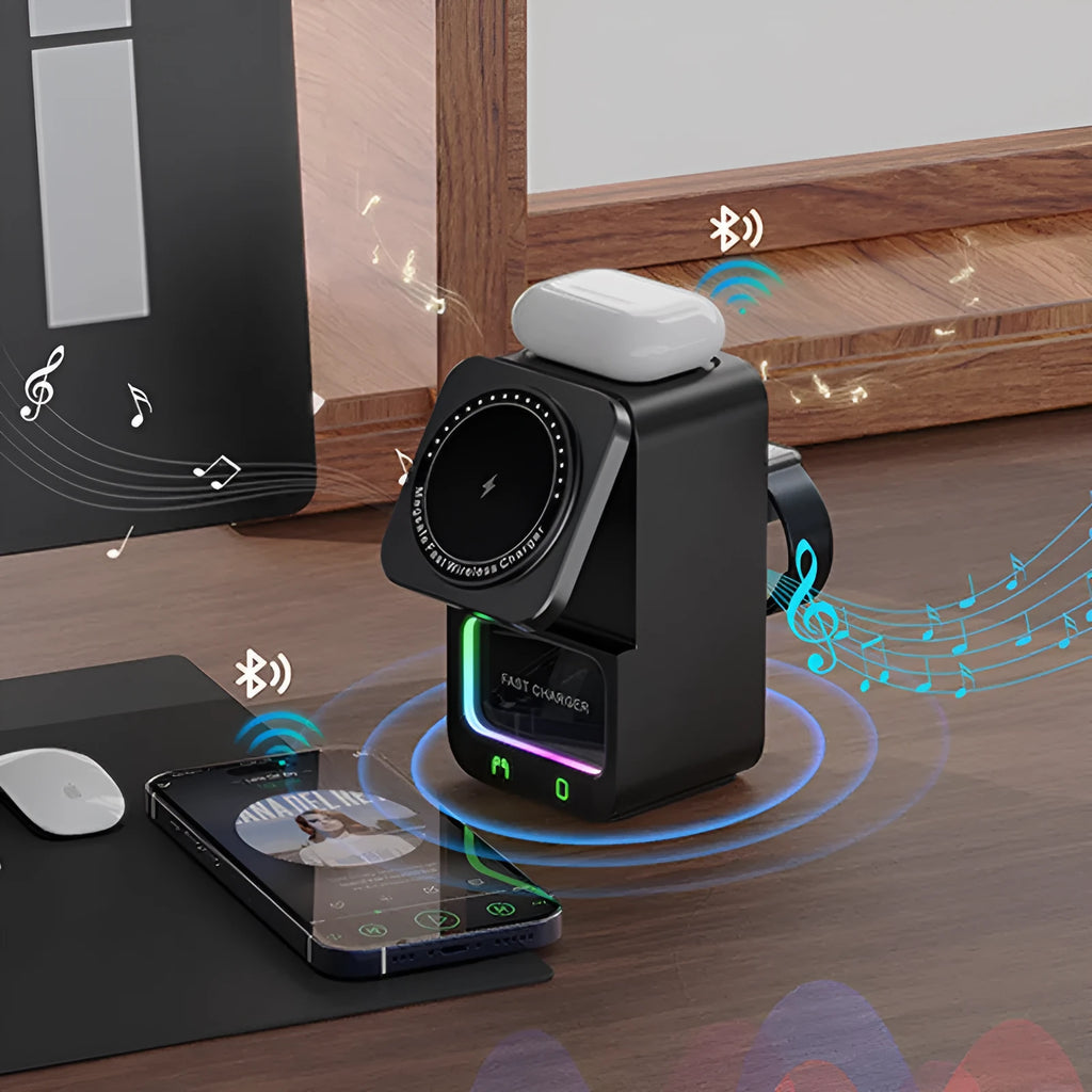 White Bluetooth speaker with integrated wireless charging surface showing phone placement