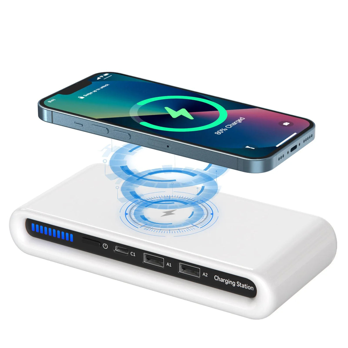White desktop wireless charger with ambient lighting, showing phone charging on its 175mm x 83mm surface