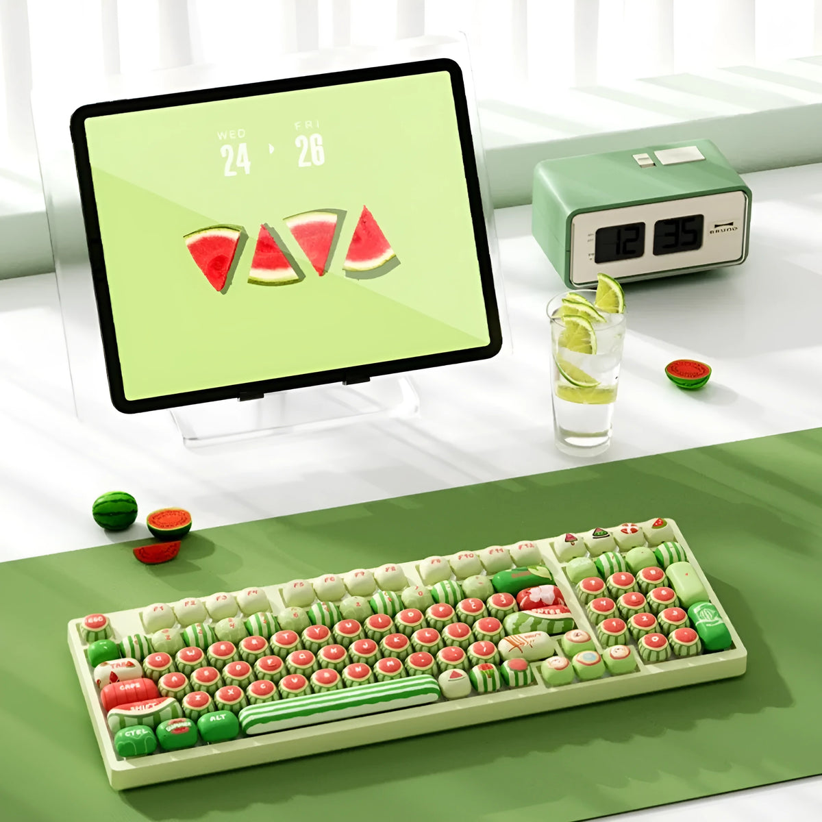 Watermelon themed mechanical keyboard key caps with five-sided sublimation print on PBT plastic.