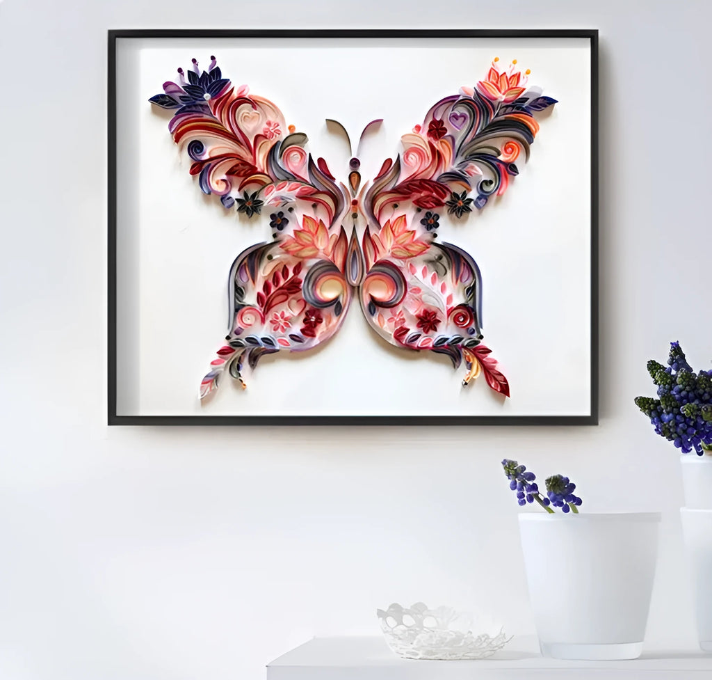20-inch blue butterfly quilling illustration material pack with craft tools on white background