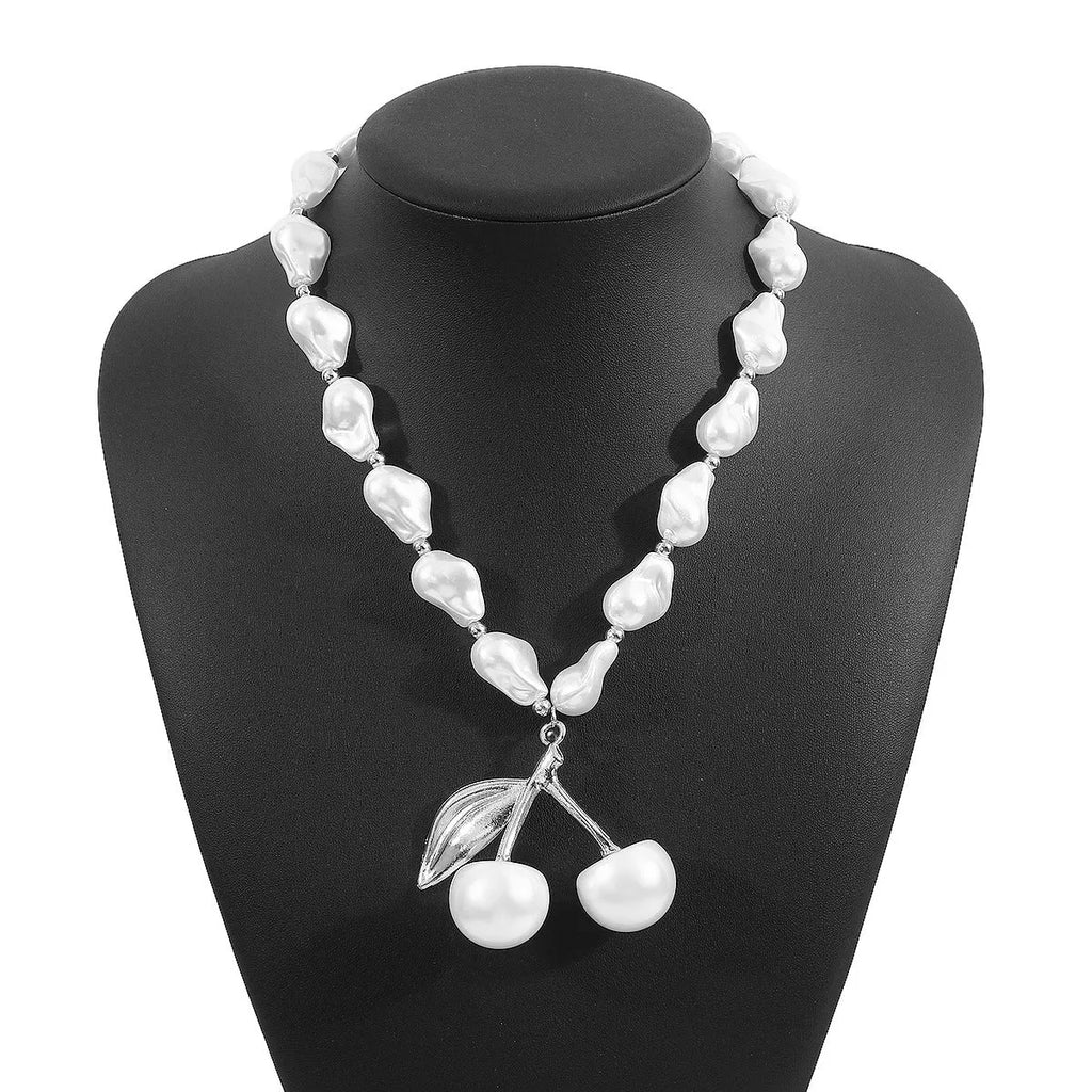 Women's irregular geometric pearl cherry fruit necklace with gold electroplated alloy pendant on adjustable chain