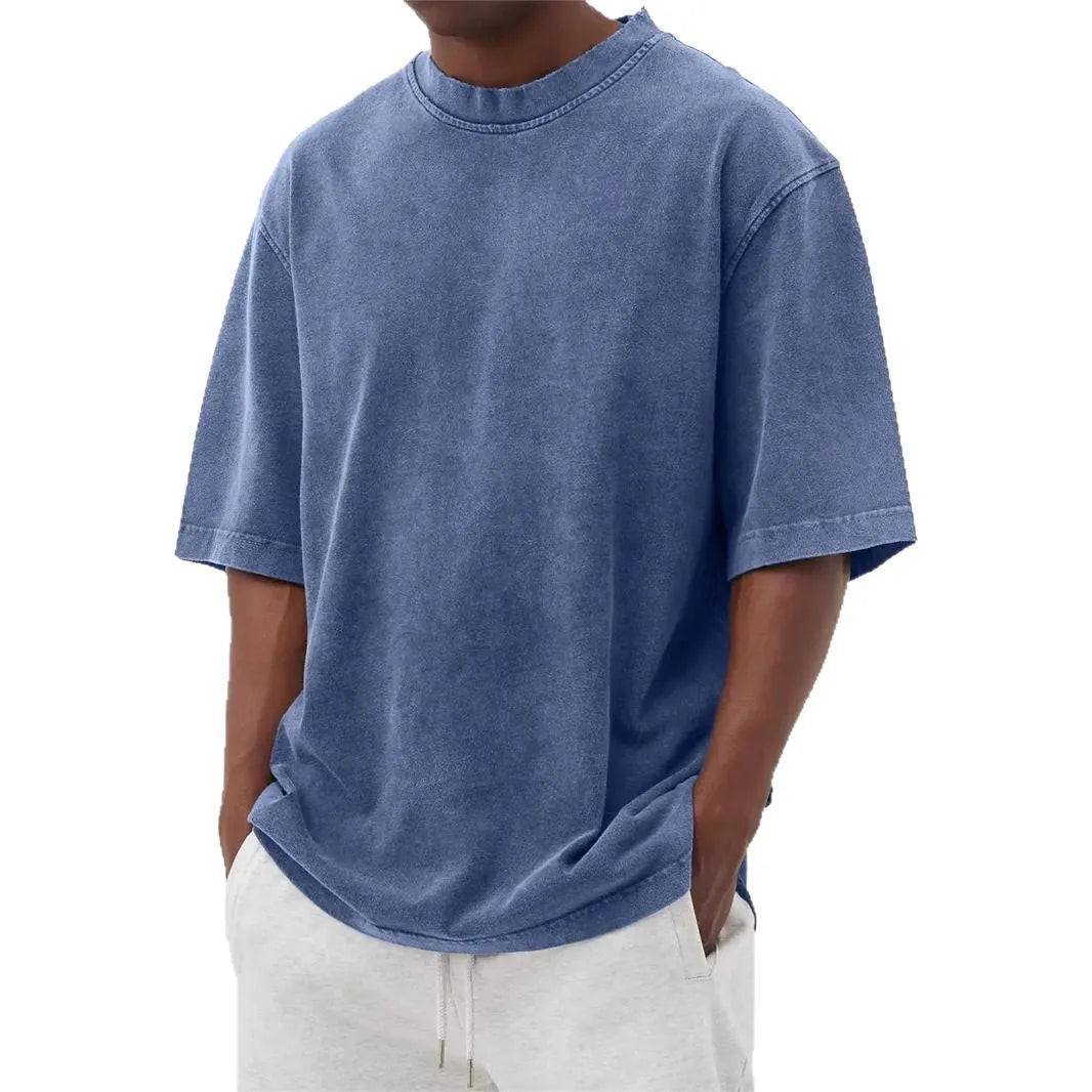 Men's stone washed polyester pullover t-shirt with distressed design in multiple colour options