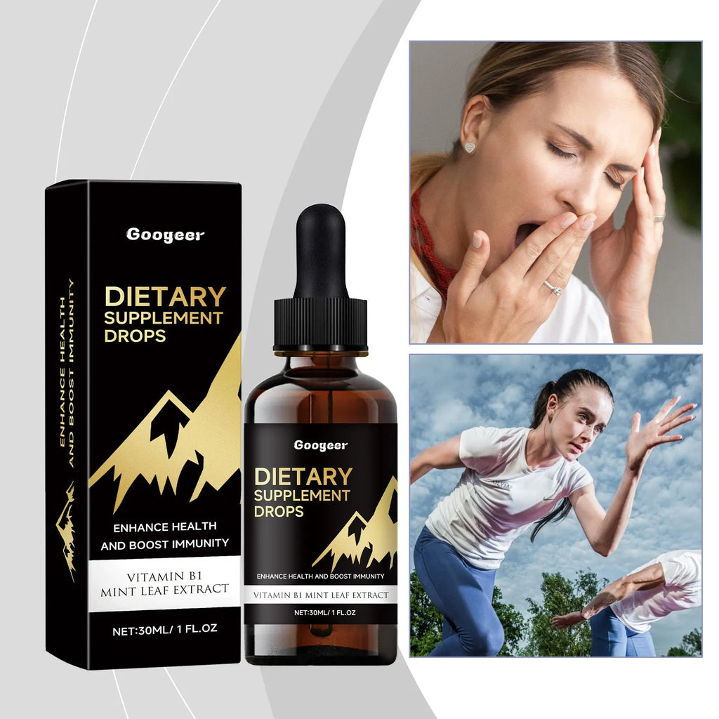Glass bottle of amber liquid dietary supplement drops with a black rubber dropper top.