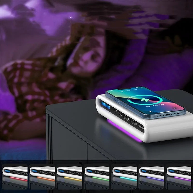 White desktop wireless charger with ambient lighting, showing phone charging on its 175mm x 83mm surface