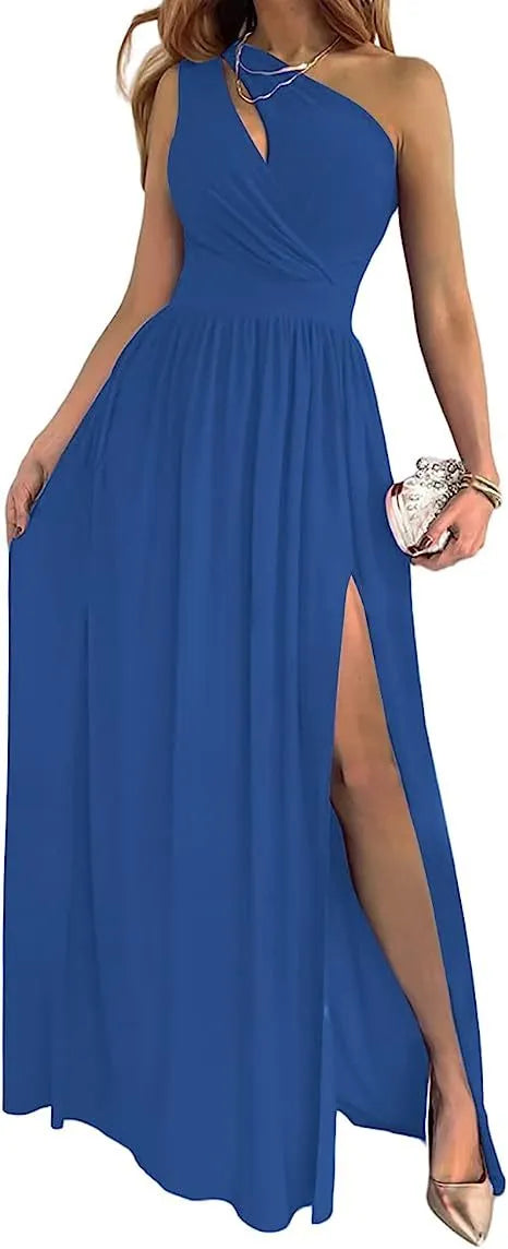 Women's one shoulder maxi dress with high leg split and sleeveless cutout design in soft fabric