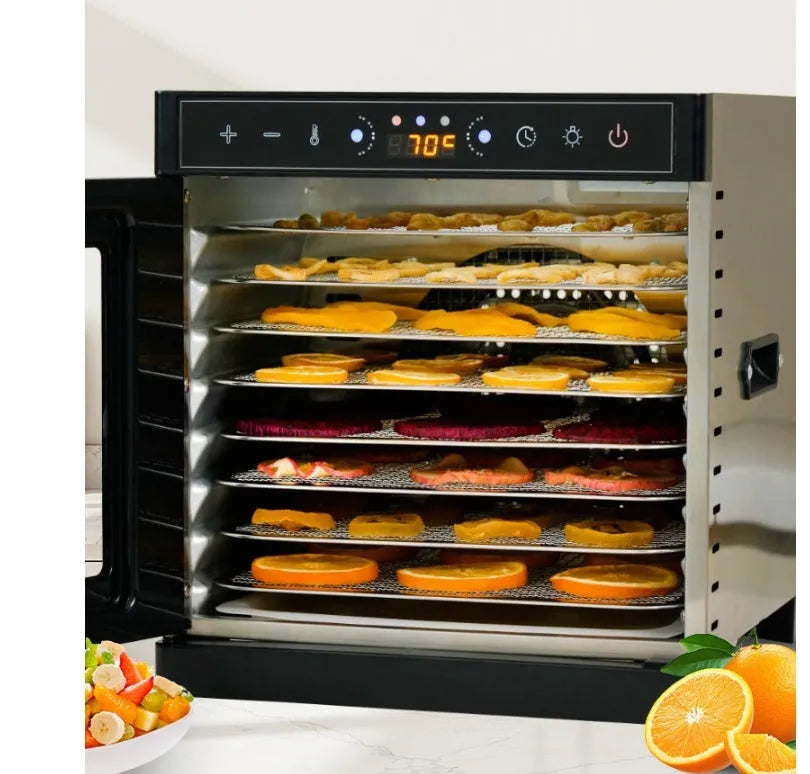 Stainless steel fruit dehydrator appliance with multiple stacking trays and an LED control panel.
