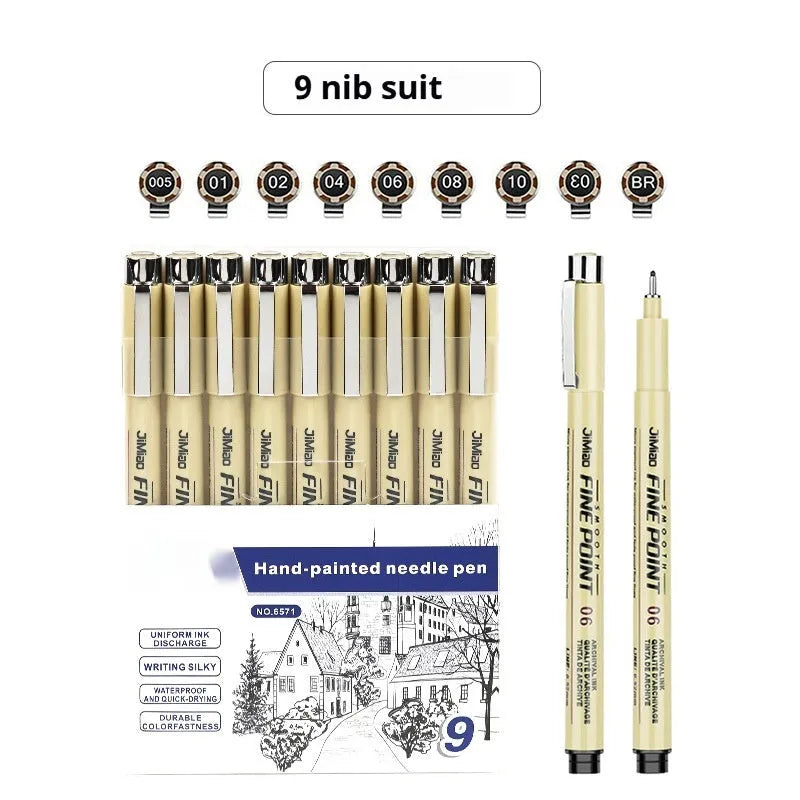 Waterproof art cartoon design sketch pen with syringe-style needle point and black ink.
