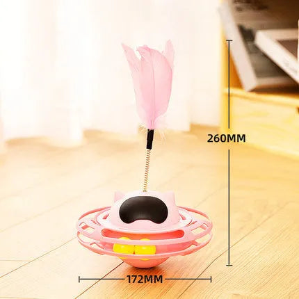 Pink cat tumbler turntable toy with rotating stick on 17 cm diameter platform