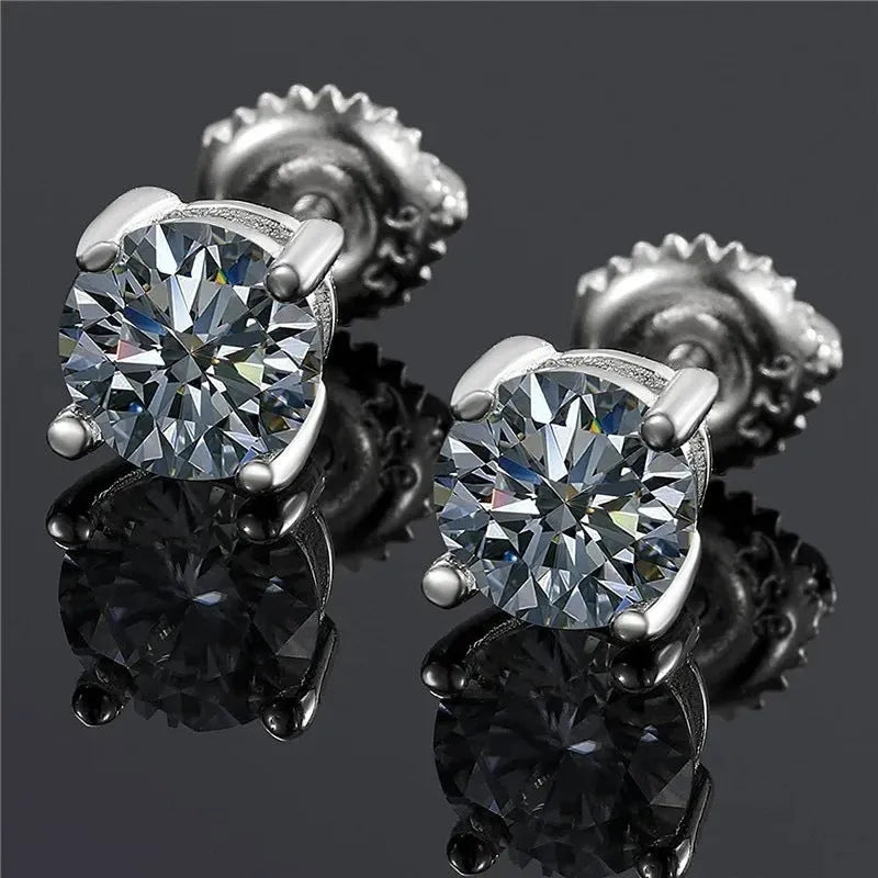 Silver moissanite screw back stud earrings with geometric shape on black card