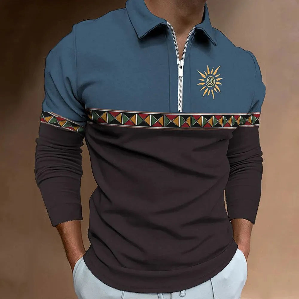 Man wearing a retro striped print long-sleeve t-shirt with zip decorations and a loose fit.