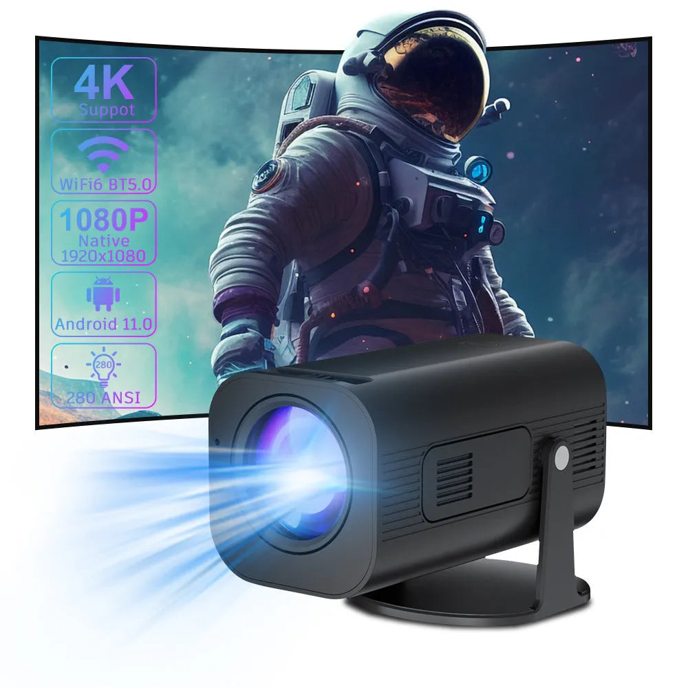 P330 portable mini projector in black or white colour, shown with remote control and power cord.