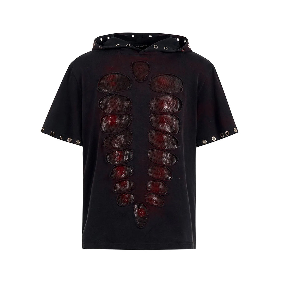 Black men's loose-fitting hooded t-shirt with short sleeves and sequin detailing.