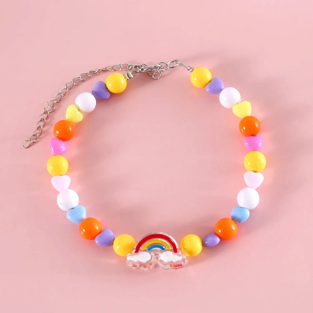 Colourful plastic bead cat necklace shown in peach, rainbow, or small flower pattern options with adjustable sizing