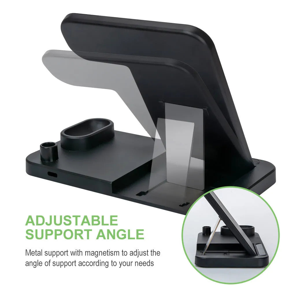 Folding 4-in-1 wireless charger showing magnetic iPhone charging, Apple Pencil slot, and extra Qi pad.