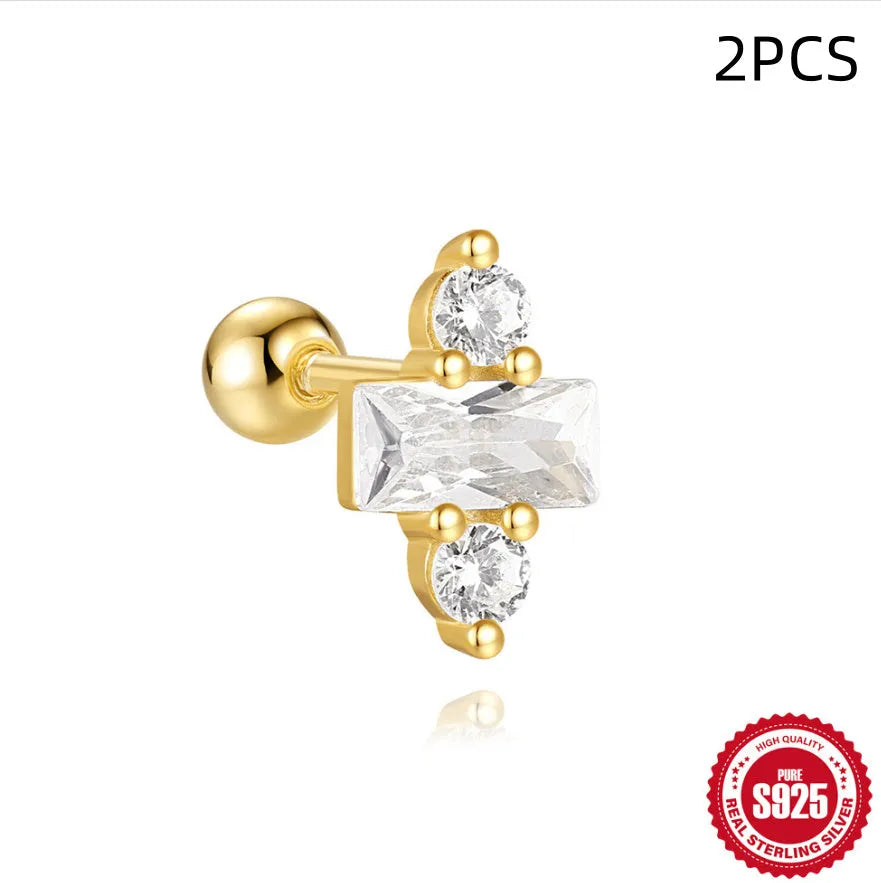 S925 sterling silver ear studs with square gravel flower design in golden colours