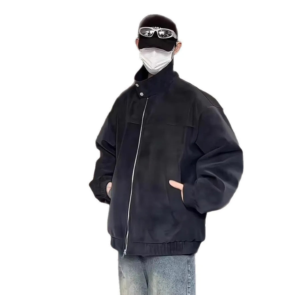 Grey tie-dyed PU leather men's jacket with a stand collar and side seam pockets.