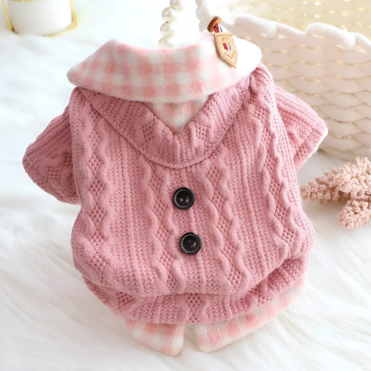Blue plaid fleece-lined cotton dog sweater jacket on small breed dog