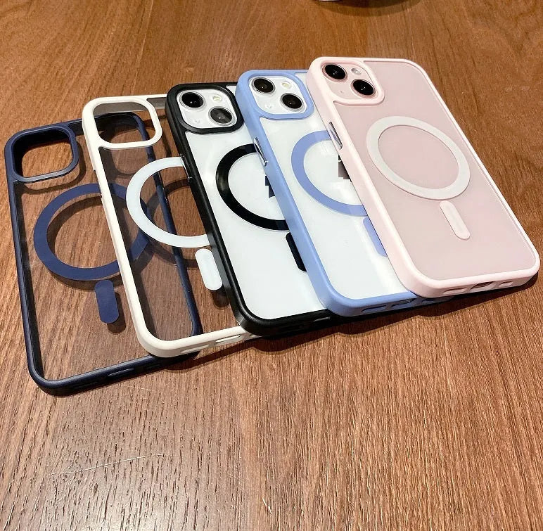 Transparent acrylic MagSafe phone case showing magnetic ring and clear back design