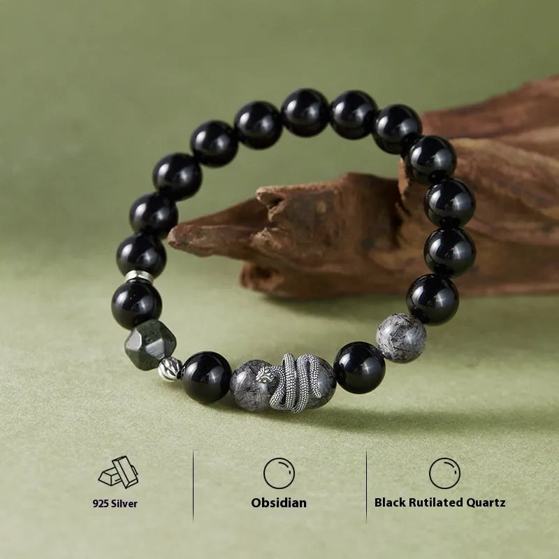 Men's S925 sterling silver snake bracelet with obsidian black hair crystal retro design
