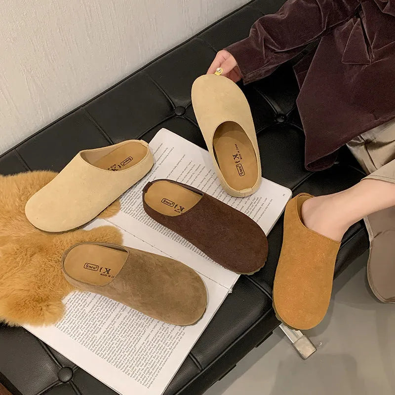 Square toe microfiber slip-on slippers in apricot brown camel and khaki colors for summer