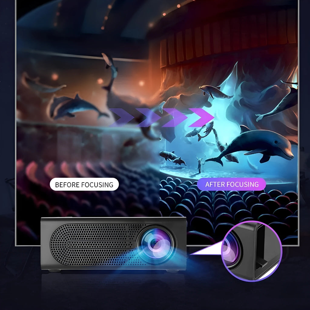 Portable mini projector in black colour showing compact design with connection ports