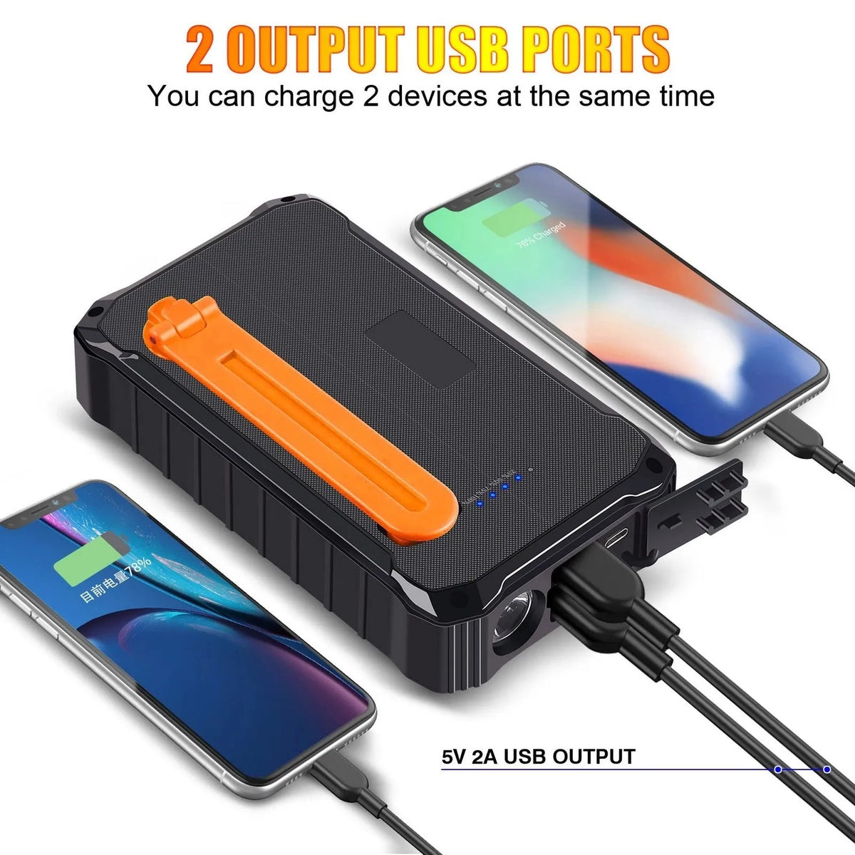 Orange or green hand crank solar power bank with solar panel, dual USB ports, and LED light.