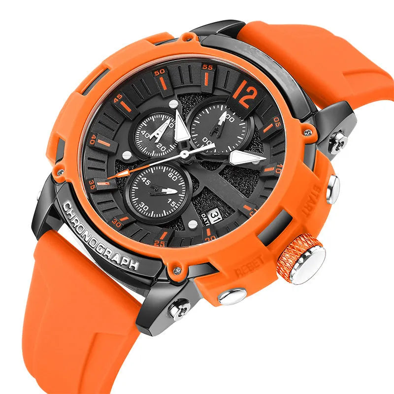 Men's black luminous waterproof quartz wristwatch with calendar display on 51mm case