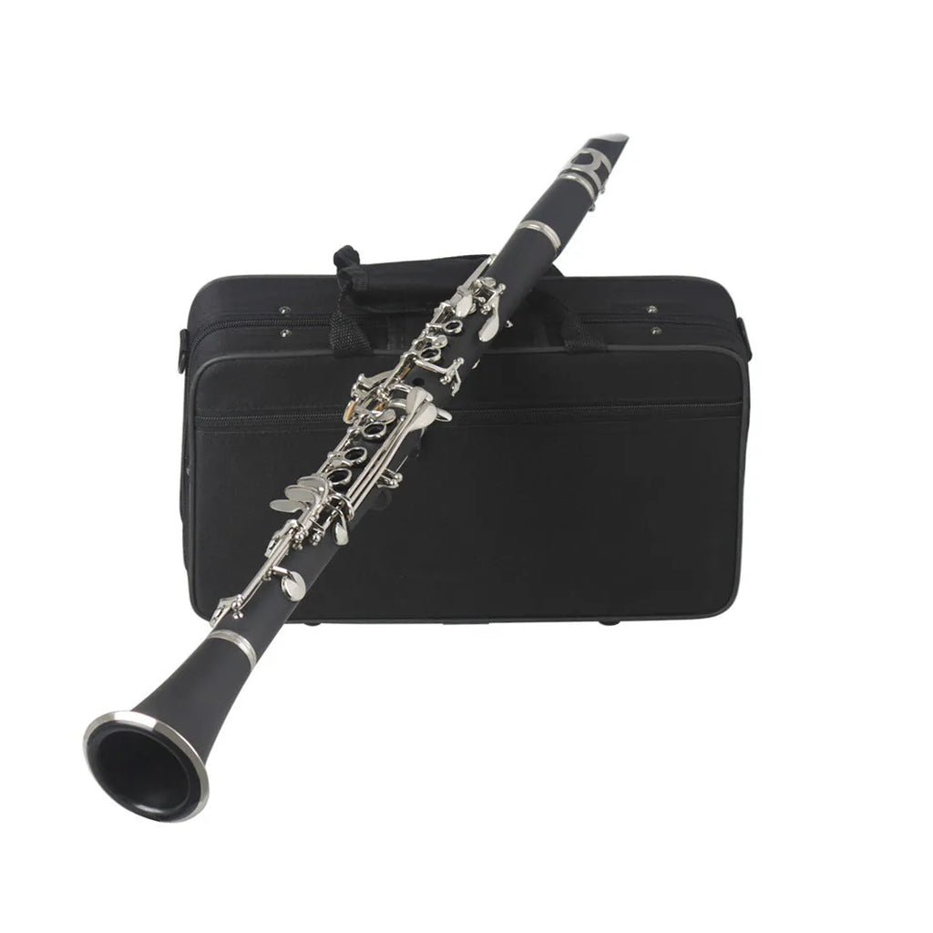 Black Bakelite 17-key beginner clarinet with nickel-plated keys and a carrying bag.