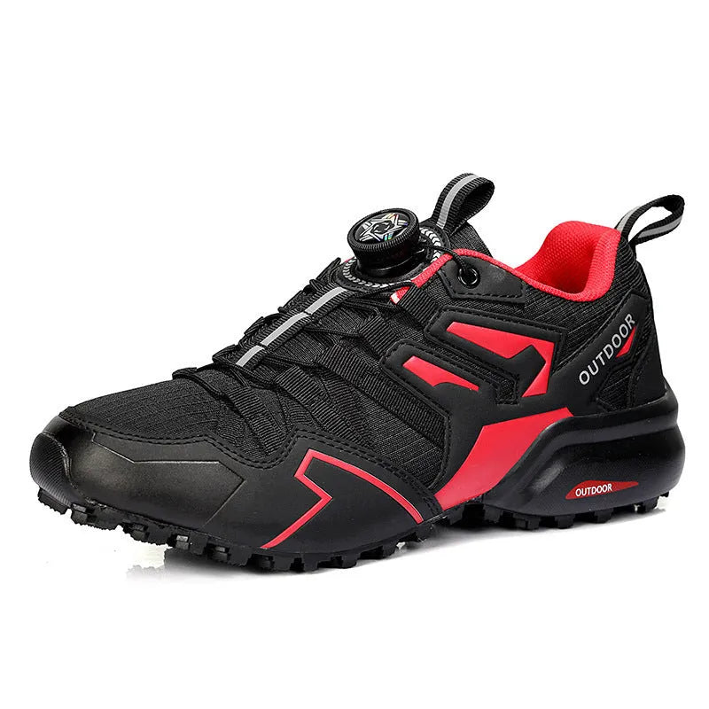Men's beige elastic band hiking shoes with a natural rubber sole on an outdoor path.