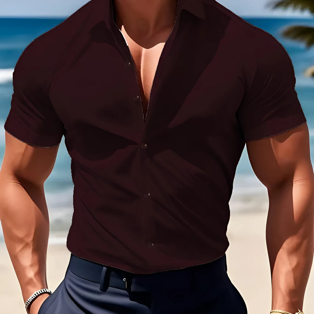 Men's short sleeve printed casual shirt with collar in cardigan style, available in multiple colours.