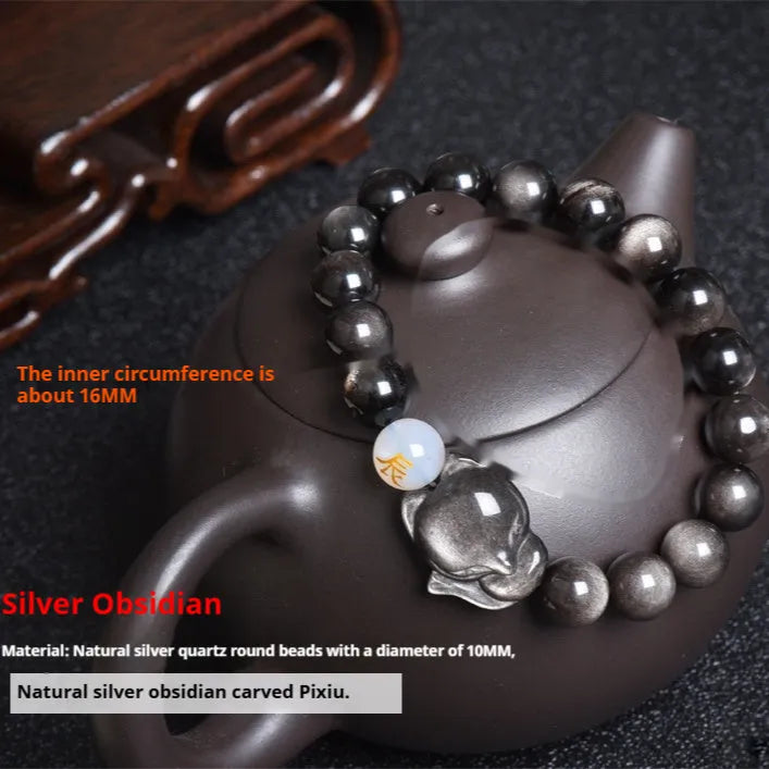 Natural obsidian bracelet with 10mm beads in national style, showing gold obsidian, silver stone, and obsidian options.