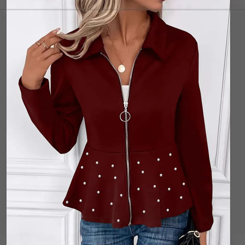 Women's black spandex coat with beaded heavy-duty zipper and ruffled hem, loose fit design
