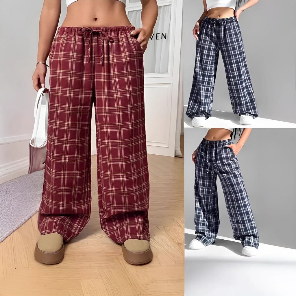 Women's casual plaid trousers with drawstring waist and side pockets in polyester fabric