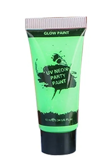 Close-up of a neon green face paint tube with hose applicator on a colourful design.