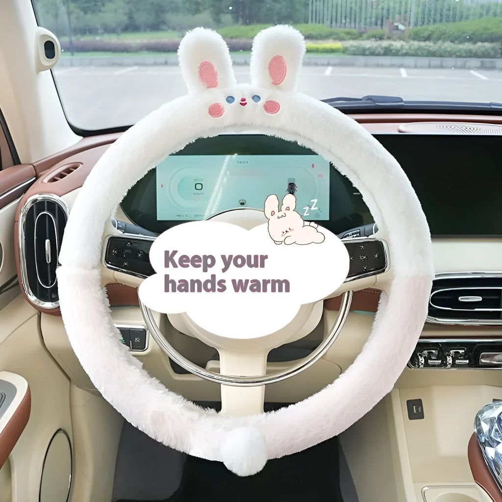 Plush rabbit fur steering wheel cover with cartoon embroidery in 38cm diameter for winter use