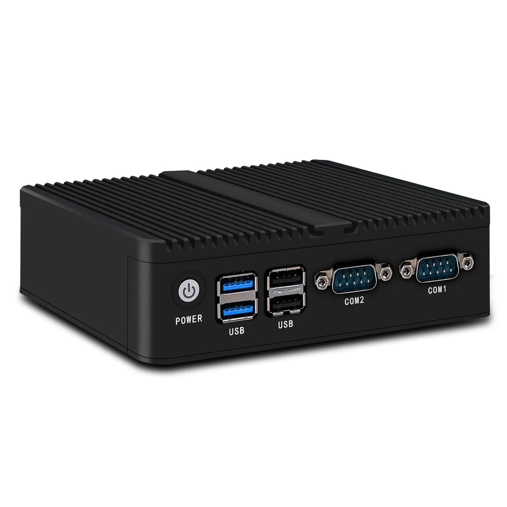 Industrial fanless mini PC host with quad-core processor and dual network ports