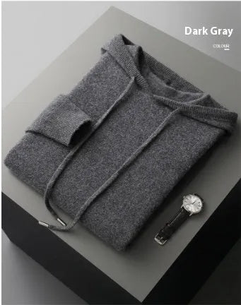 Men's light grey cashmere hoodie and joggers set displayed together as coordinated winter leisurewear