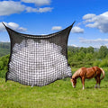 Woven grid hanging feeding bag made of PE rope, shown in black, suitable for horses and cattle.