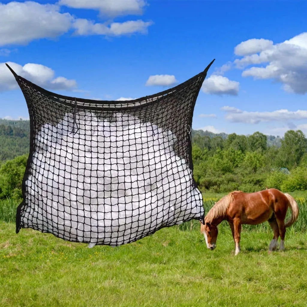 Woven grid hanging feeding bag made of PE rope, shown in black, suitable for horses and cattle.