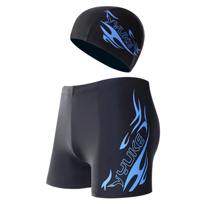 Men's plus size swimming trunks with matching cap featuring a blue fire print design on black background.
