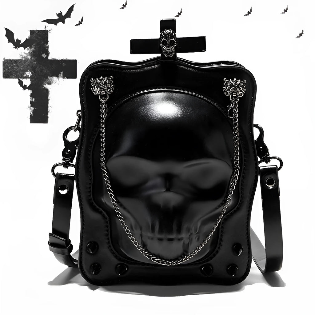 Black mini square messenger bag with gothic stitching, rivets, and skull design