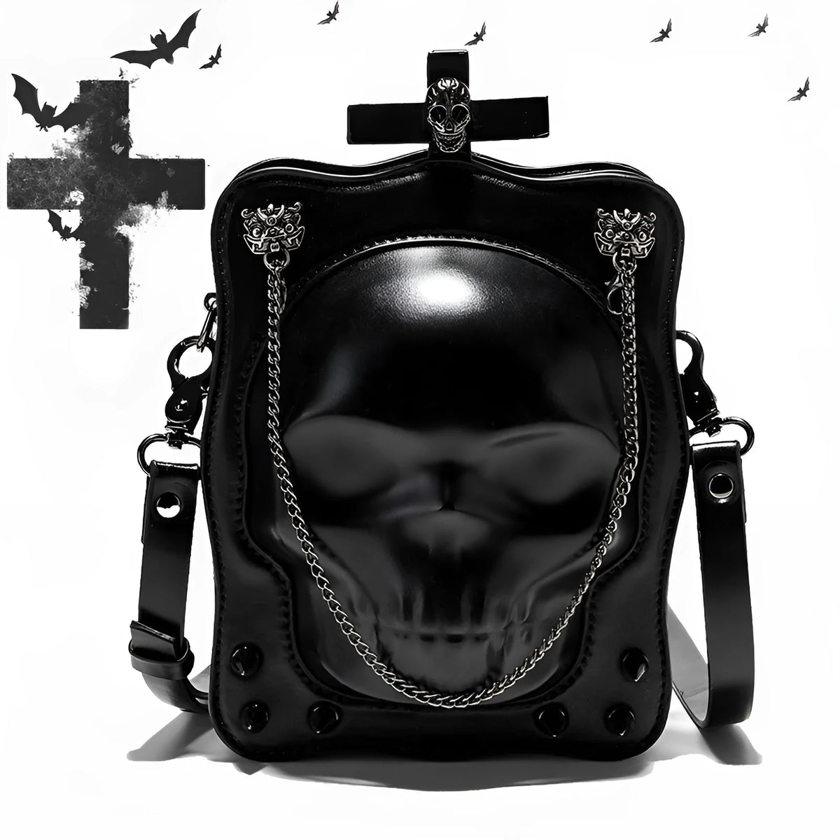 Black mini square messenger bag with gothic stitching, rivets, and skull design