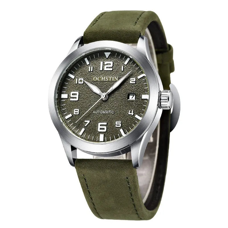 Men's retro business automatic watch with leather strap in multiple colour options