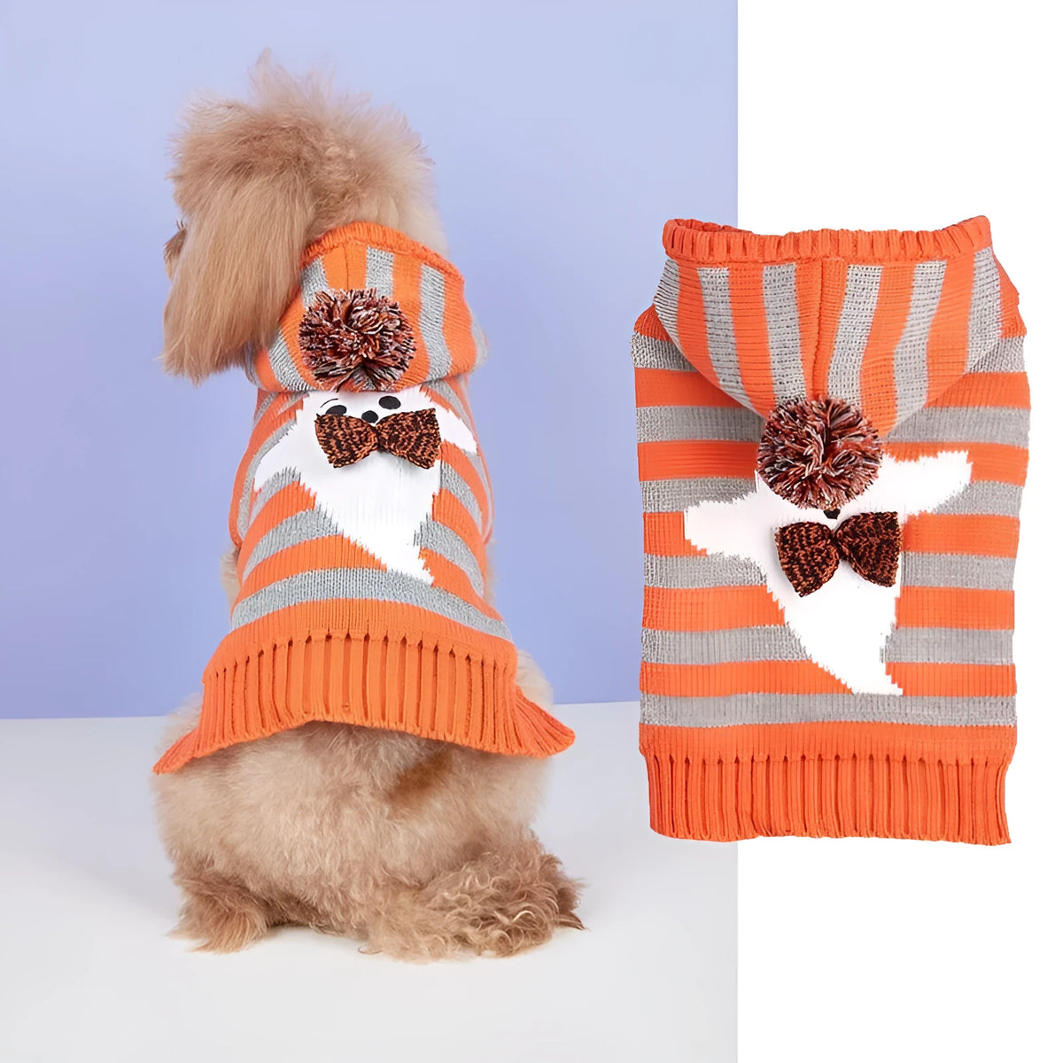 Orange striped knitted pet sweater with hood and fur ball trim for small dogs and cats