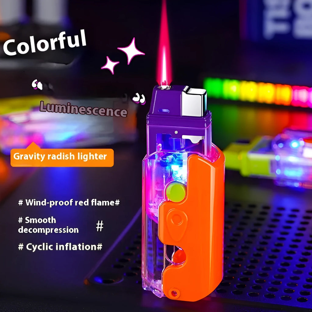 Colourful luminous radish design plastic windproof lighter in orange, purple, or green.