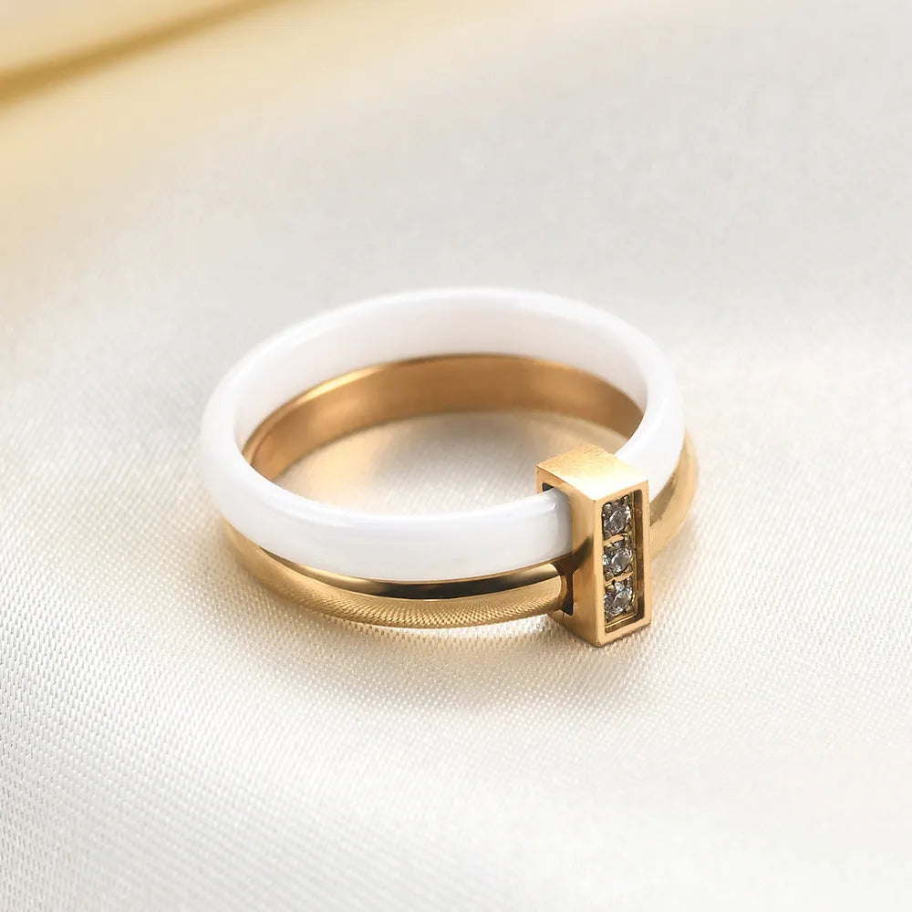 Women's 6mm ceramic ring with inlaid zirconium detailing in steel black or gold white colour