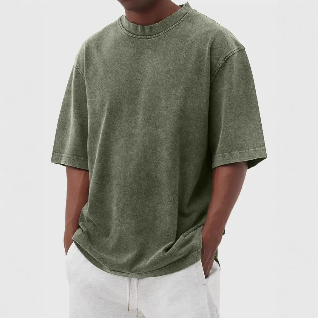 Men's stone washed polyester pullover t-shirt with distressed design in multiple colour options